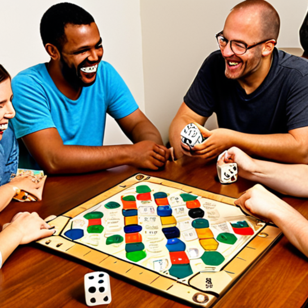A group of diverse friends laughing and strategizing around a table covered with a "Siedler von Catan" board, dice, and resource cards. The atmosphere is warm and inviting, emphasizing the social aspect of board games.