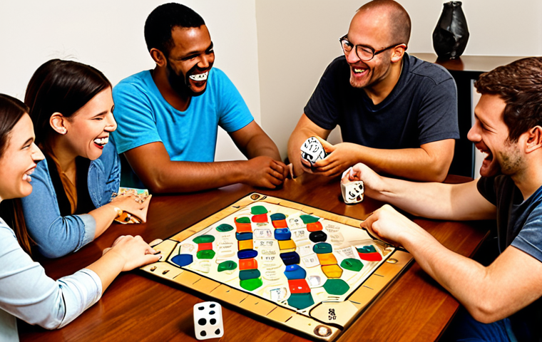 A group of diverse friends laughing and strategizing around a table covered with a "Siedler von Catan" board, dice, and resource cards. The atmosphere is warm and inviting, emphasizing the social aspect of board games.