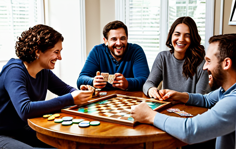 Cozy Game Night**
"A group of fully clothed friends and family gathered around a wooden table in a warmly lit living room, playing a board game with cards and tokens. Snacks and drinks are on the table. Everyone is smiling and engaged. safe for work, appropriate content, professional photography, perfect anatomy, natural proportions, family-friendly, modest clothing."
**