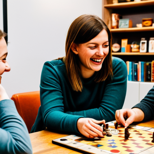 Home 18 **
"A group of friends laughing and playing a modern board game at a table in a cozy German Brettspiel-Café, surrounded by shelves of games. Soft, warm lighting. Safe for work, fully clothed, appropriate content, family-friendly, professional photography, perfect anatomy, natural proportions, well-formed hands, proper finger count, natural pose, modest attire."
**