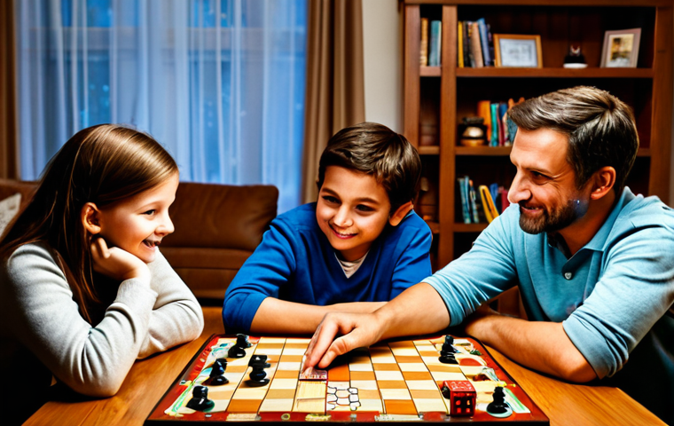 보드게임 전문 서적 - Cozy Board Game Night**
"A family sitting around a wooden table in a warmly lit living room, playin...