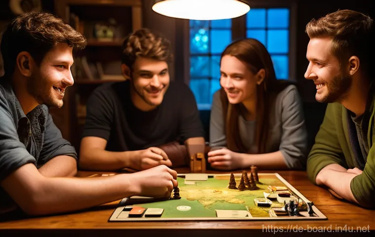 보드게임 리뷰 에세이 - **Prompt: "A diverse group of four friends, aged 20s-40s, intensely immersed in a cooperative fantas...