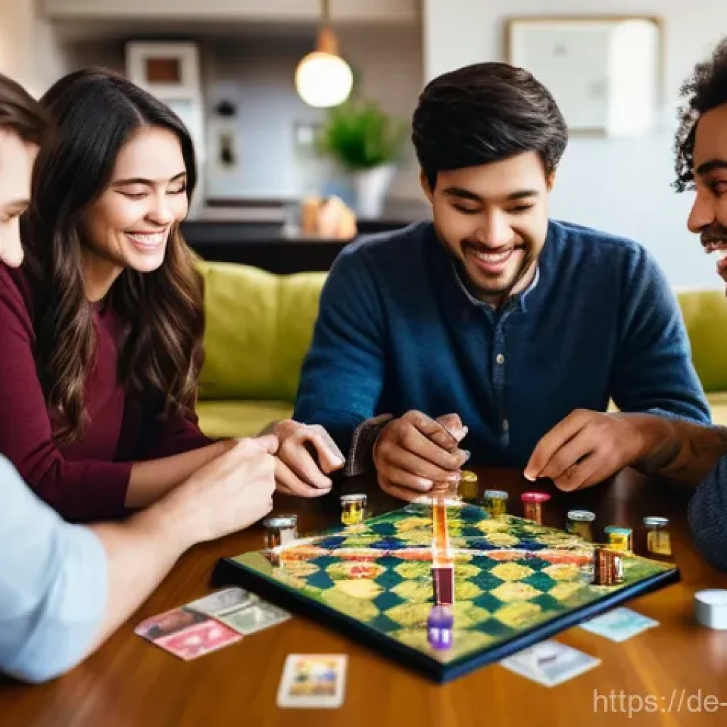 보드게임 리뷰 사이트 - **Prompt:** "A group of four diverse adult friends (two men, two women, ages 25-40) are deeply engro...