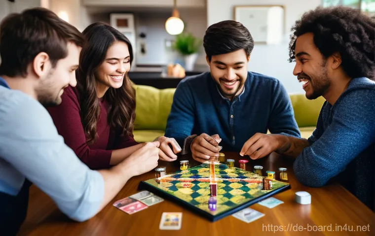 보드게임 리뷰 사이트 - **Prompt:** "A group of four diverse adult friends (two men, two women, ages 25-40) are deeply engro...