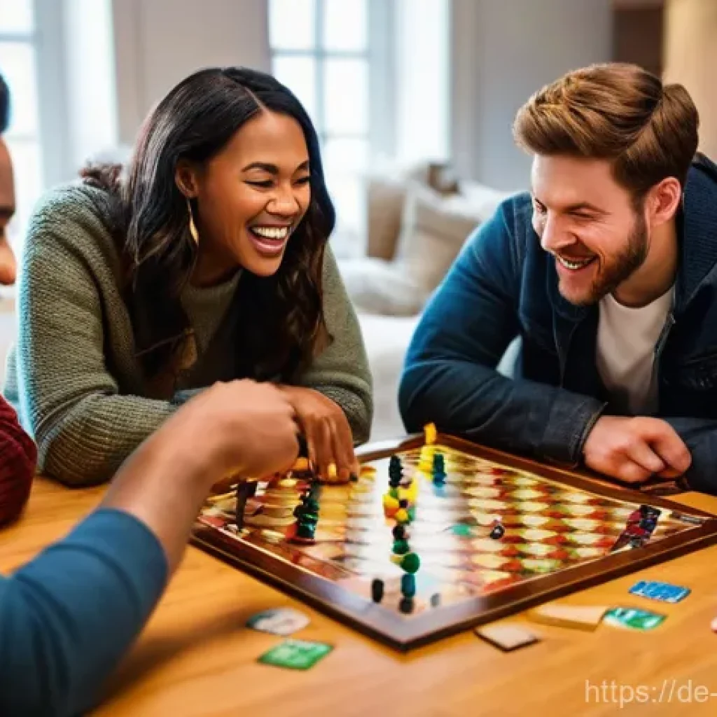 보드게임 유튜브 채널 - **Prompt 1: Lively Board Game Night** A group of four diverse young adults (two men, two women, ...