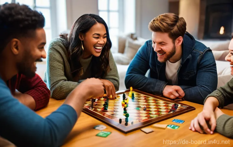 보드게임 유튜브 채널 - **Prompt 1: Lively Board Game Night** A group of four diverse young adults (two men, two women, ...