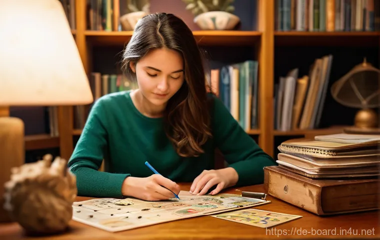 보드게임 제작 과정 - **Prompt: The Spark of Inspiration** A creative board game designer, a young woman with a though...