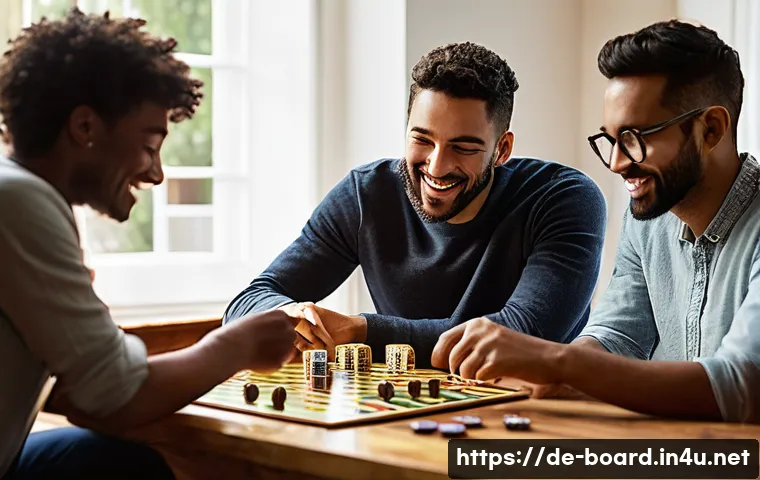 보드게임 인기 이유 - **Prompt:** A diverse group of four friends in their late 20s to early 30s gathered around a beautif...