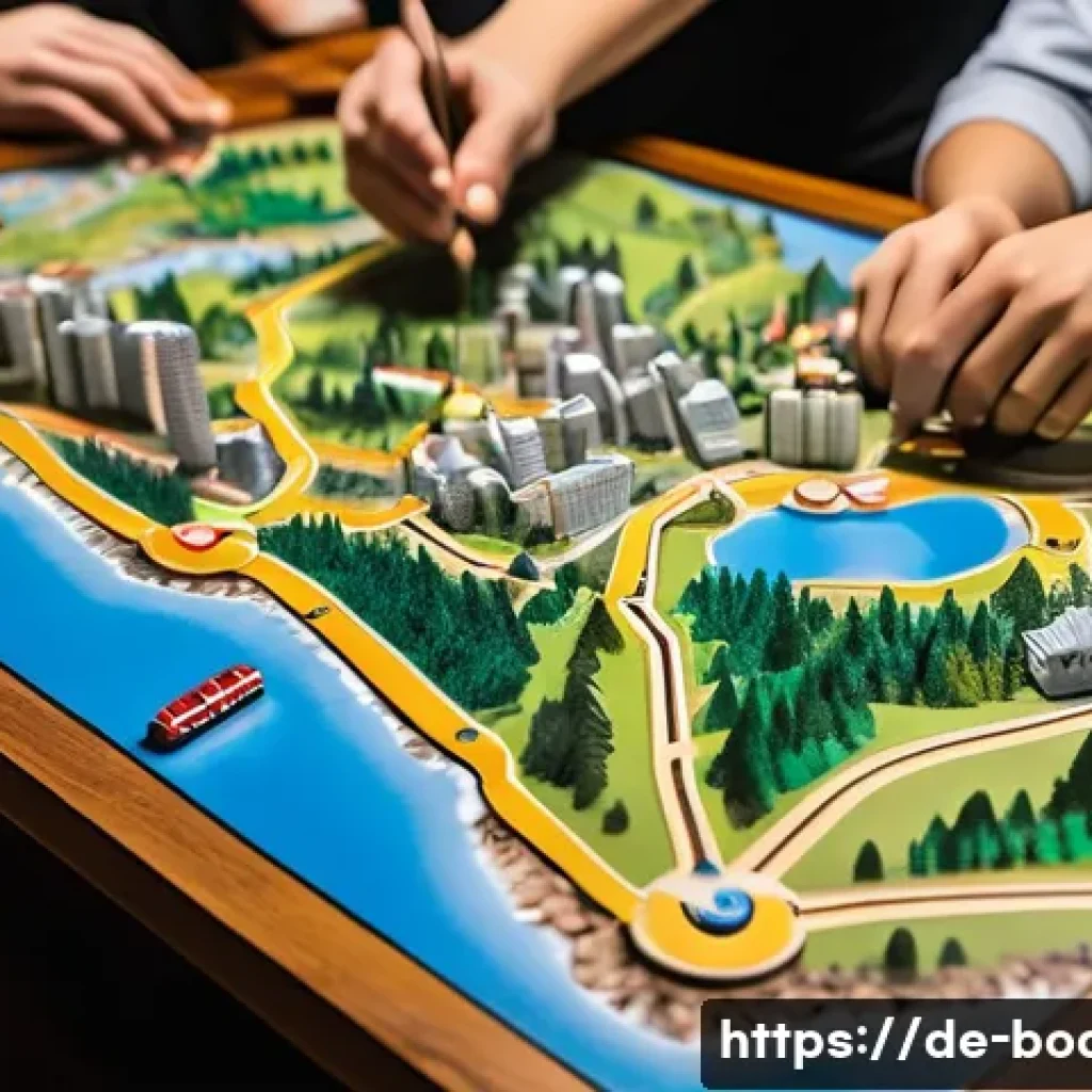 보드게임 코레일 - An intricately designed board game map of Korea is spread across a wooden table, showcasing vibrant ...