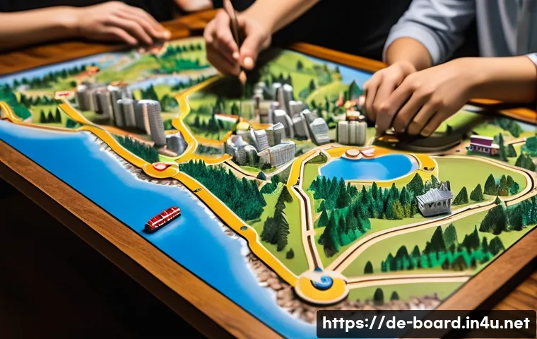 보드게임 코레일 - An intricately designed board game map of Korea is spread across a wooden table, showcasing vibrant ...