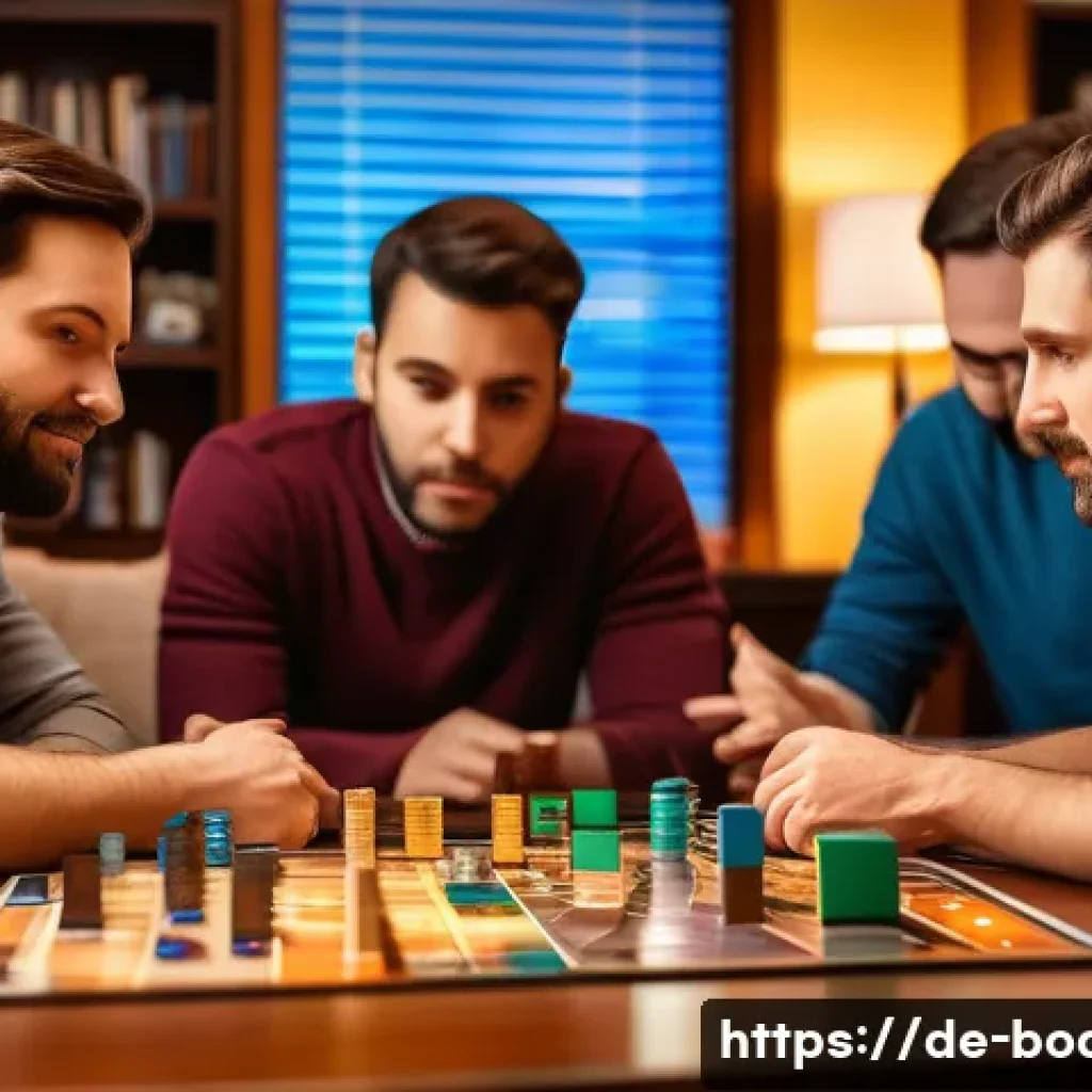 보드게임 관련 팟캐스트 - A cozy living room scene with a diverse group of four adults sitting around a wooden table playing a...