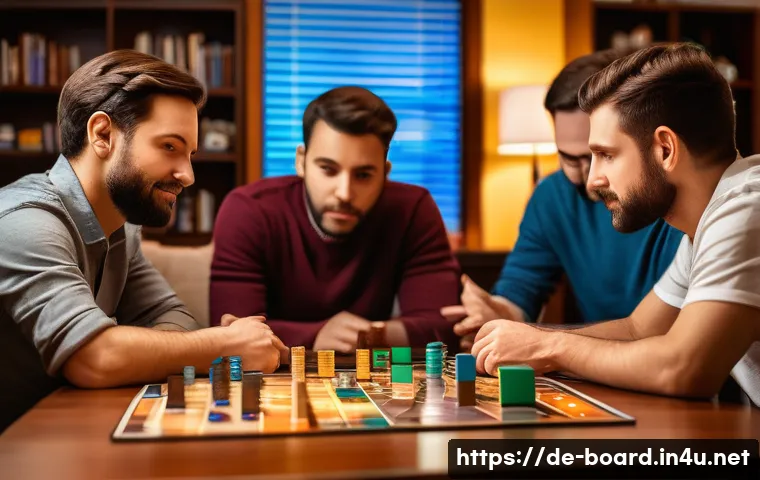 보드게임 관련 팟캐스트 - A cozy living room scene with a diverse group of four adults sitting around a wooden table playing a...