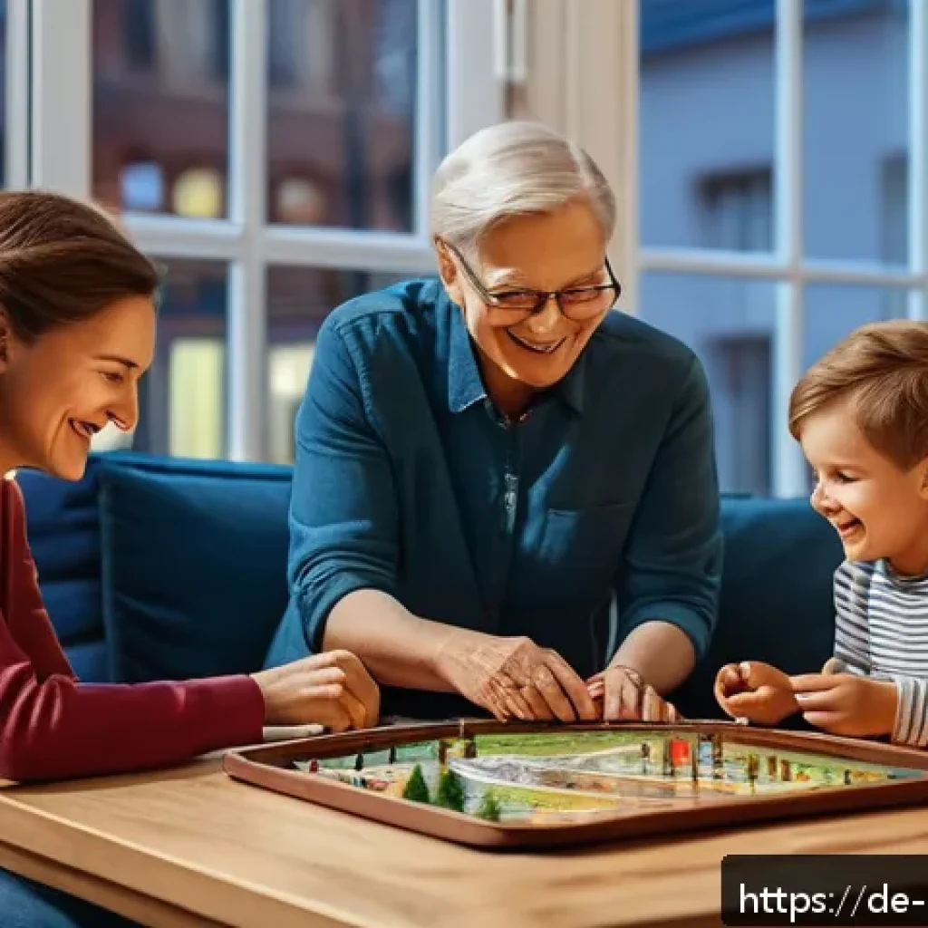 보드게임 테마별 추천 - A cozy family game night scene set in a modern German living room, featuring a diverse group of thre...