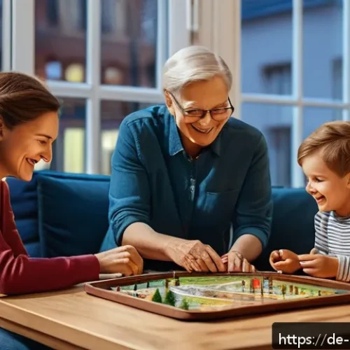 보드게임 테마별 추천 - A cozy family game night scene set in a modern German living room, featuring a diverse group of thre...
