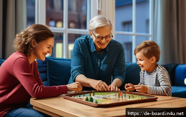 보드게임 테마별 추천 - A cozy family game night scene set in a modern German living room, featuring a diverse group of thre...