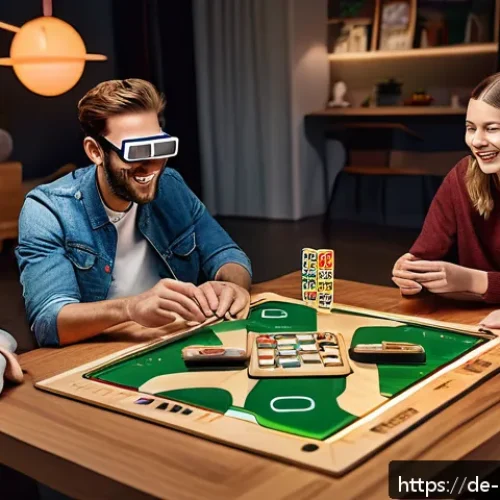 보드게임 업계 뉴스 - A modern living room scene with a diverse group of adults and teenagers wearing sleek augmented real...