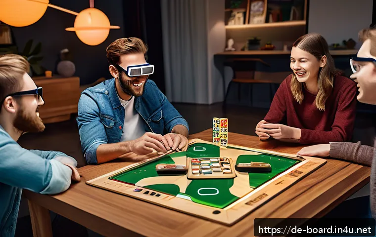 보드게임 업계 뉴스 - A modern living room scene with a diverse group of adults and teenagers wearing sleek augmented real...