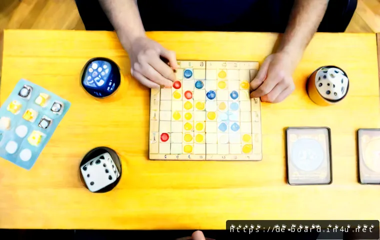 Home 17 보드게임 플레이어 통계 - Photorealistic overhead view of a German board game night, four adult friends seated around a clean ...