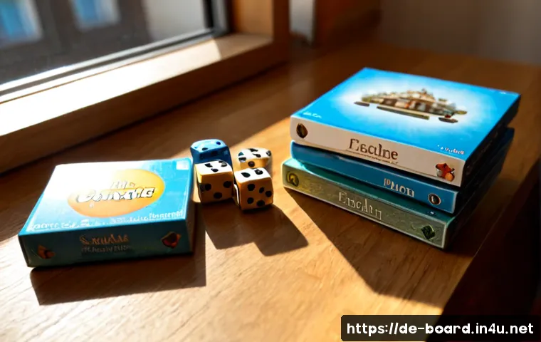 Home 17 보드게임 출시 예정작 - Photorealistic tabletop scene showcasing upcoming board game releases, three distinct unopened gener...