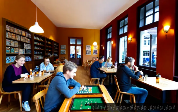 Home 17 보드게임 명소 소개 - Photorealistic inviting board game café in a historic German city center, wide eye-level view of fri...